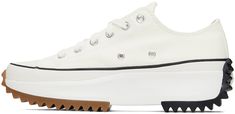 Low-top canvas sneakers in white. · Round rubber cap toe · Lace-up closure · Eyelet vents at inner side · Mesh lining · Padded Ortholite® footbed · Foam rubber platform midsole · Rubberized logo at midsole heel · Treaded rubber outsole · Platform: H1.5 in Supplier color: White/Black/Gum Converse White Sneakers With Rubber Heel Cap, Converse White Canvas Shoes With Rubber Heel Cap, White Converse Canvas Shoes With Rubber Heel Cap, White Low-top Canvas Shoes With Studded Outsoles, White Studded Low-top Canvas Shoes, Run Star Hike, Converse White, Black Gums, Converse Sneakers