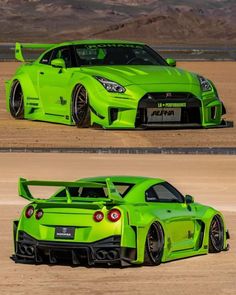 the green sports car is parked in the desert