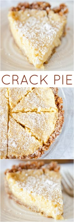 three different views of a pie with powdered sugar on top