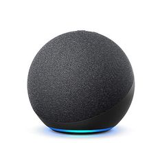 an amazon echo speaker with blue light on the front and side, sitting on a white surface