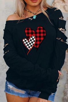 Black Plaid Hearts Print Leopard Cut-out Long Sleeve Sweatshirt Hearts Print, Winter Sweatshirt, Long Sleeve Sweatshirt, Club Dresses, Black Plaid, Heart Print, Sleeve Designs, Casual Jeans, Long Sleeve Sweatshirts