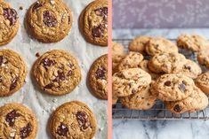 chocolate chip cookies cooling on a baking rack and then baked in the oven for about 10 minutes