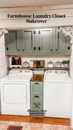 a white washer and dryer sitting in a kitchen next to wooden counter tops