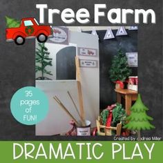 a christmas tree farm game is shown in front of a chalkboard with the words dramatic play