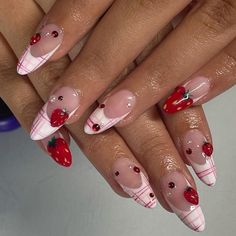 Strawberry Acrylic Nails, Gelx Apres Nail Designs, Strawberry Nails Designs, Coquette Cherry, Cherry Nail, Strawberry Nails, Cherry Nails, Really Cute Nails, Almond Acrylic Nails