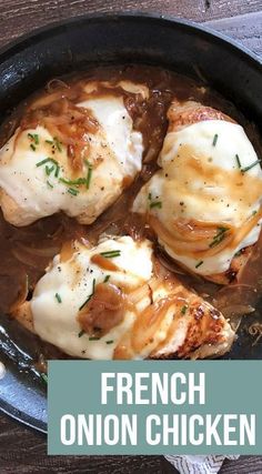 french onion chicken with gravy in a cast iron skillet