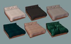 six different types of bed linens in various colors