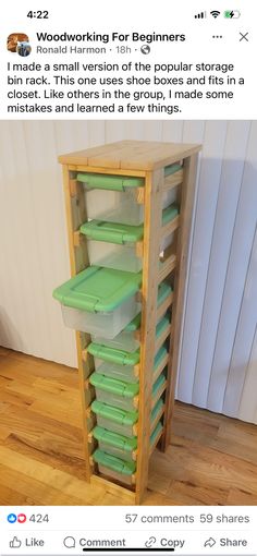 a stack of plastic containers sitting on top of a wooden shelf