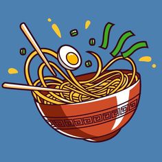 a bowl of noodles with chopsticks and an egg on top, floating in the air