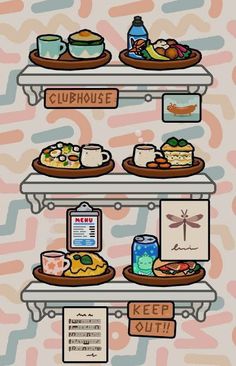 two shelves filled with different types of food on top of each other and the words clubhouse above them