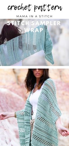 a woman wearing a crochet shawl with text that reads, mama in stitches stitch