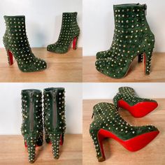 Authentic Lv Boots! Excellent Condition! No Rips No Stains . This Boots Are A Show Stopper. Evening Boots With Spikes And Round Toe, Designer Green Boots With Round Toe, Studded Round Toe Evening Boots, Spiked Round Toe Heeled Boots, Designer High Heel Boots With Studs, Designer Studded Boots With Round Toe, Elegant Ankle-high Heeled Boots With Red Sole, Green Faux Leather Ankle-high Boots, Lv Boots