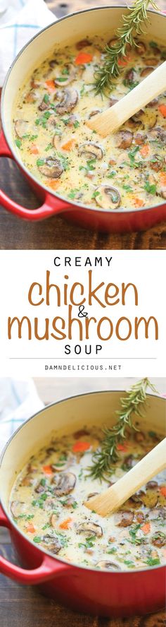 creamy chicken and mushroom soup in a red pan with a wooden spoon on the side