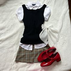 #oldmoneyaesthetic #preppy #oldmoneyoutfits #schooloutfitideas #schoolgirl #outfitinspo #chanelskirt #plaidskirtoutfits #plaidskirt #layeredoutfit #redshoes #redmaryjanes #maryjanes #collaredoutfit 2000s Fashion Preppy, Old Money Outfit Board, Real Preppy Outfits, Old School Preppy Outfits, 2000s Preppy Outfits, Old Preppy Style, Colorful Old Money Outfits, Preppy 90s Outfits, 90s Preppy Outfits