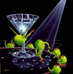 a painting of some little yellow birds in front of a martini glass with the light on