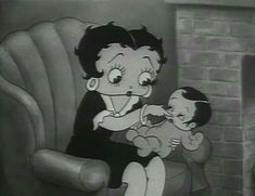 an animated image of a woman holding a baby in her lap while sitting on a chair