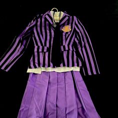 Never Worn Wednesday/Enid School Uniform Halloween Costume. Size Is Adult Small. Comes With Skirt, White Long Sleeve Blouse, Striped Jacket And Black Tie. Purple Long Sleeve Costume For Costume Party, Fitted Purple Costume, School Uniform Kids, White Long Sleeve Blouse, Striped Jacket, Black Tie, Purple And Black, Halloween Costumes, Long Sleeve Blouse