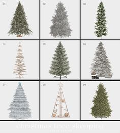 twelve christmas trees are shown in different styles