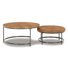 two tables with wooden tops and metal bases