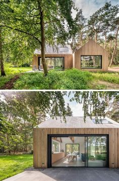 two pictures of the inside and outside of a house with wood sidings on it