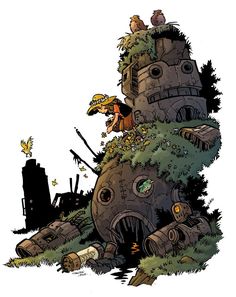 an image of a cartoon character on top of a tree stump with plants growing out of it