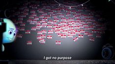 a cartoon character looking at a wall with red tags on it that say i got no purpose