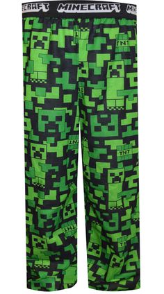 Perfect for Minecraft fans! These flame resistant, lightweight pajama pants for boys feature an all-over print with the iconic Minecraft Creeper and TNT in a pixelated pattern. Perfect comfortable clothes for relaxing and playing his favorite game! Elastic waist, pull on styling.