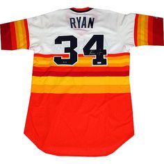 an orange and yellow hockey jersey with the number 34 on it's chest, in front of a white background