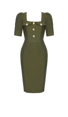 SQUARE COLLAR BUTTON MIDI DRESS IN OLIVE GREEN Olive Green Midi Dress, Button Midi Dress, New Look Dresses, Lunch Date, Feather Dress, Green Midi Dress, Plus Size Shopping, Green Material, Work Looks