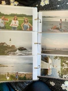 an open photo book with pictures of people on the beach and in the background are flowers