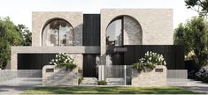 an architectural rendering of a modern house with two arched windows and brick exterior, surrounded by greenery