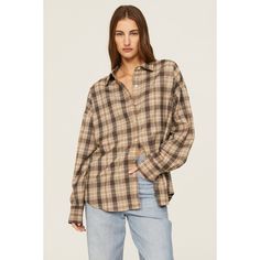 Brown plaid polyester blend (63% Polyester, 32% Viscose, 5% Elastane). Top. Long sleeves. Collar. Button front closure. 30" from shoulder to hemline. Imported. Vintage Band Tees, Favorite Daughter, Rent The Runway, Boyfriend Shirt, Closet Designs, Brown Plaid, Vintage Band, Ex Boyfriend, Plaid Flannel