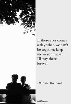 two people sitting on top of a bench under a tree with a quote from winnie the pooh