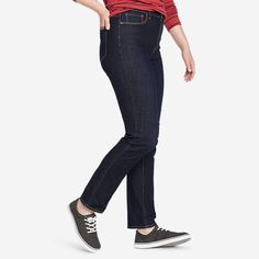 Women's Voyager High-rise Jeans - Slim Straight | Eddie Bauer Casual High Rise Jeans With 4-way Stretch, Casual High-rise Jeans With 4-way Stretch, Casual High Rise 4-way Stretch Jeans, Versatile Stretch Dark Wash Jeans, Casual High Rise Pants With 4-way Stretch, Versatile Stretch Jeans, Everyday Fitted Straight Leg Bottoms, Casual Stretch Bottoms For Everyday Use, Versatile Stretch Bottoms For Everyday Use