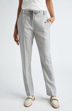 An elastic waist with a glittery drawstring brings a laid-back element to these otherwise perfectly polished pants in a stretchy blend of wool and cashmere. Trouser-style pockets and creases down the straight-leg silhouette enhance the tailored aspect of this hybrid style. Elastic/drawstring waist; zip fly with hook-and-bar closure Front slant pockets; back welt pockets 90% virgin wool, 8% cashmere, 2% elastane Dry clean Made in Italy Designer Clothing Cashmere Bottoms For Workwear, Elegant Linen Bottoms For Fall, Elegant Straight Leg Cashmere Bottoms, Elegant Cashmere Trousers, Elastane Pull-on Pants For Loungewear, Pull-on Elastane Pants, Gray High-stretch Elastane Bottoms, Casual Full-length Cashmere Pants, Gray Micro-elastic Elastane Yoga Pants