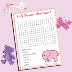 a baby shower word search is shown next to a teddy bear and a pink butterfly