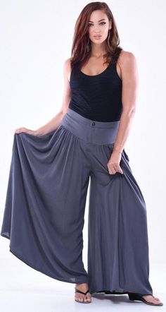 6 Chic Stretch Bottoms With Wide Hem, Bohemian Stretch High-waisted Wide Leg Pants, Bohemian Stretch Wide Leg Bottoms, Bohemian Stretch Wide Leg Pants, Bohemian Wide Leg Stretch Pants, Skirt Palazzo, Rayon Crinkle, Skirt Pockets, Leg Split