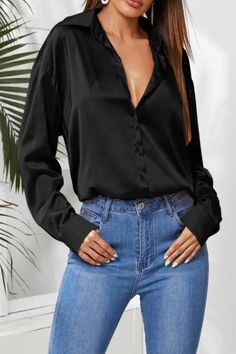 black satin blouse s Black Satin Blouse, Party Blouse, Perfect Blouse, Blouse Tops, Satin Blouse, Elegant Shirt, Solid Tops, Black Satin, Black Blouse