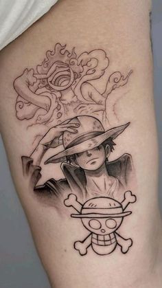 a woman with a hat and skull tattoo on her thigh