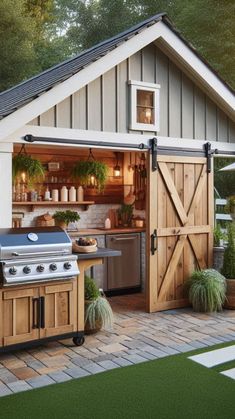 an outdoor kitchen is built into the side of a house