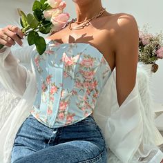 Ook flattering and stylish this summer in our women's vintage floral strapless crop top. featuring an open back, boned bustier, zip back corset and slim waist bodyshaper, it's perfect for cottagewear. Floral Bustier, Y2k Crop Top, Strapless Corset, Neckline Designs, Bare Shoulders, Fish Bone, Bustier Top, Bustiers, Sleeveless Vest