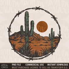 a cactus in the middle of a desert surrounded by barbed wire and a full moon