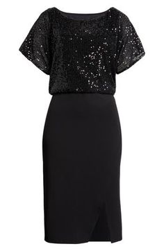 Twinkling sequins shimmer like evening stars on this event-ready dress completed by a solid skirt. 42 1/2" length Slips on over head Boat neck Short sleeves Partially lined 97% polyester, 3% spandex Hand wash, dry flat Imported Sequin Dress For Holiday Evening Party, Elegant Contrast Sequin Dress For Night Out, Contrast Sequin Dress For Holiday Evening Party, Formal Holiday Sequin Dress With Contrast Sequin, Sequin Evening Dress For Formal Occasions, Black Elegant Sequin Fabric For Evening, Formal Evening Dresses With Glitter, Elegant Black Sequin Fabric For Evening, Elegant Contrast Sequin Fabric For Night Out