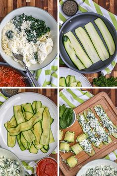 four pictures showing the steps to make zucchini with cheese and spinach leaves