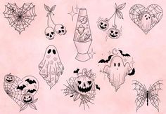 halloween decorations are drawn in black ink on pink paper