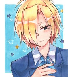 an anime character with blonde hair wearing a blue shirt and tie, holding his hand on his chest