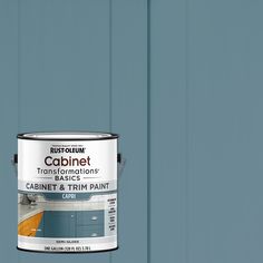 a can of rustrolum cabinet and trim paint on a blue painted wood door