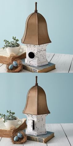 two pictures of a birdhouse with eggs in it and one has a nest on top