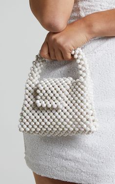 Jaynee Beaded Bag in Pearl | Showpo USA Beaded Strap, Pearl Bag, Beaded Bag, Beaded Purses, Blue Pearl, Beaded Bags, Heeled Sandals, Say Hi, No Brand