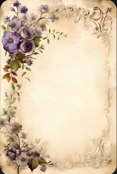 an ornate frame with purple flowers and leaves on it's edges, as well as a blank space for the text